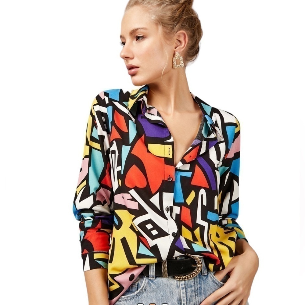 Big Dart Vintage 80s GEOMETRIC Pop Art Button Up Top Color Block Size Medium NWT - Picture 2 of 15